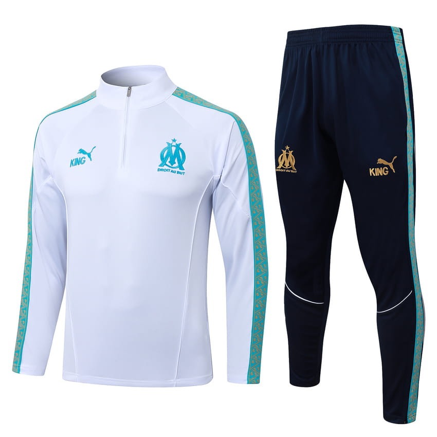 Survetement Marseille OM Training Homme/Enfant 2025 2026 Blanc Bleu Foncé