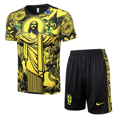 Ensemble Maillot Short Bresil Homme/Enfant 2024 2025 Jaune Motif