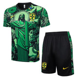 Ensemble Maillot Short Bresil Homme/Enfant 2024 2025 Vert Motif 1