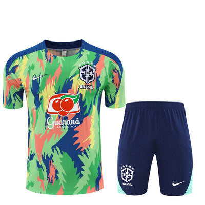 Ensemble Maillot Short Bresil Homme/Enfant 2025 2026 Bleu Vert Camouflage